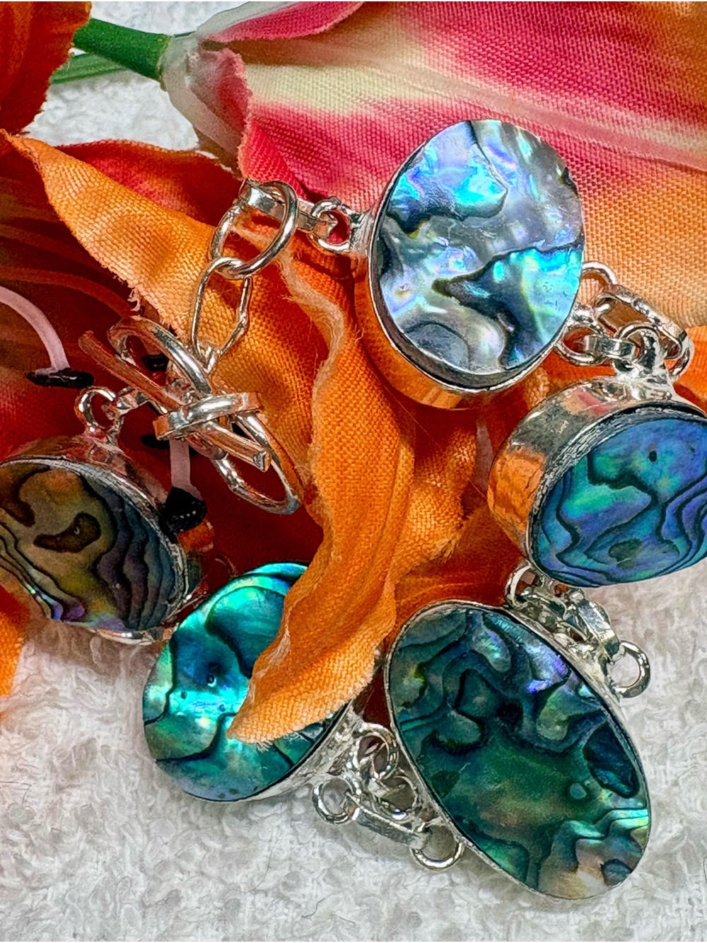 Silver Abalone Shell Link Bracelet - Iridescent Green Blue